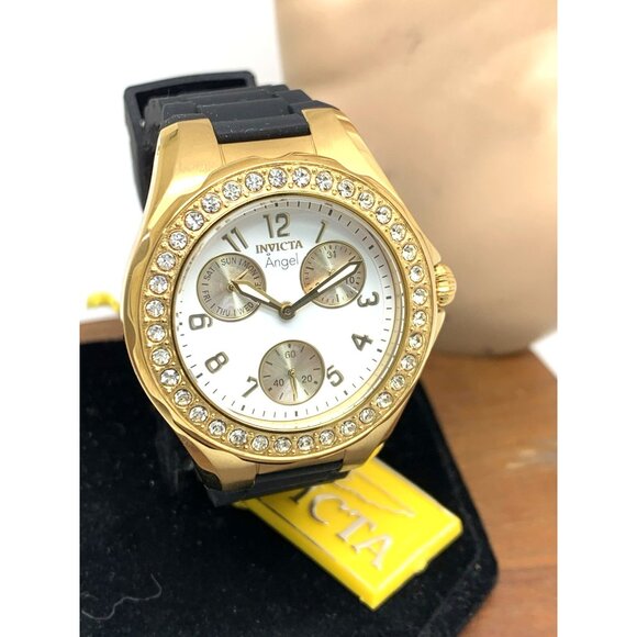 Invicta Women\'s Watch 1643 Angel Quartz White Dial Gold Black Rubber Strap 38mm